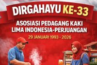 Hari Lahir Organisasi Asosiasi Pedagang Kaki Lima Indonesia Perjuangan (APKLI-P) ke - 33 (29 Januari 1993-2026)