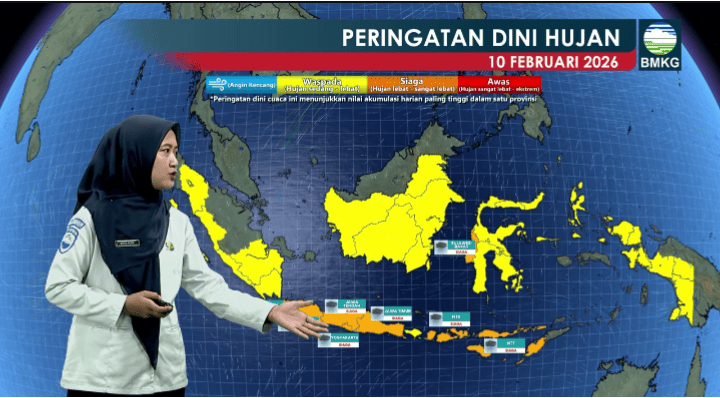 ‎BMKG merilis peringatan dini cuaca Rabu 10 Februari 2026.